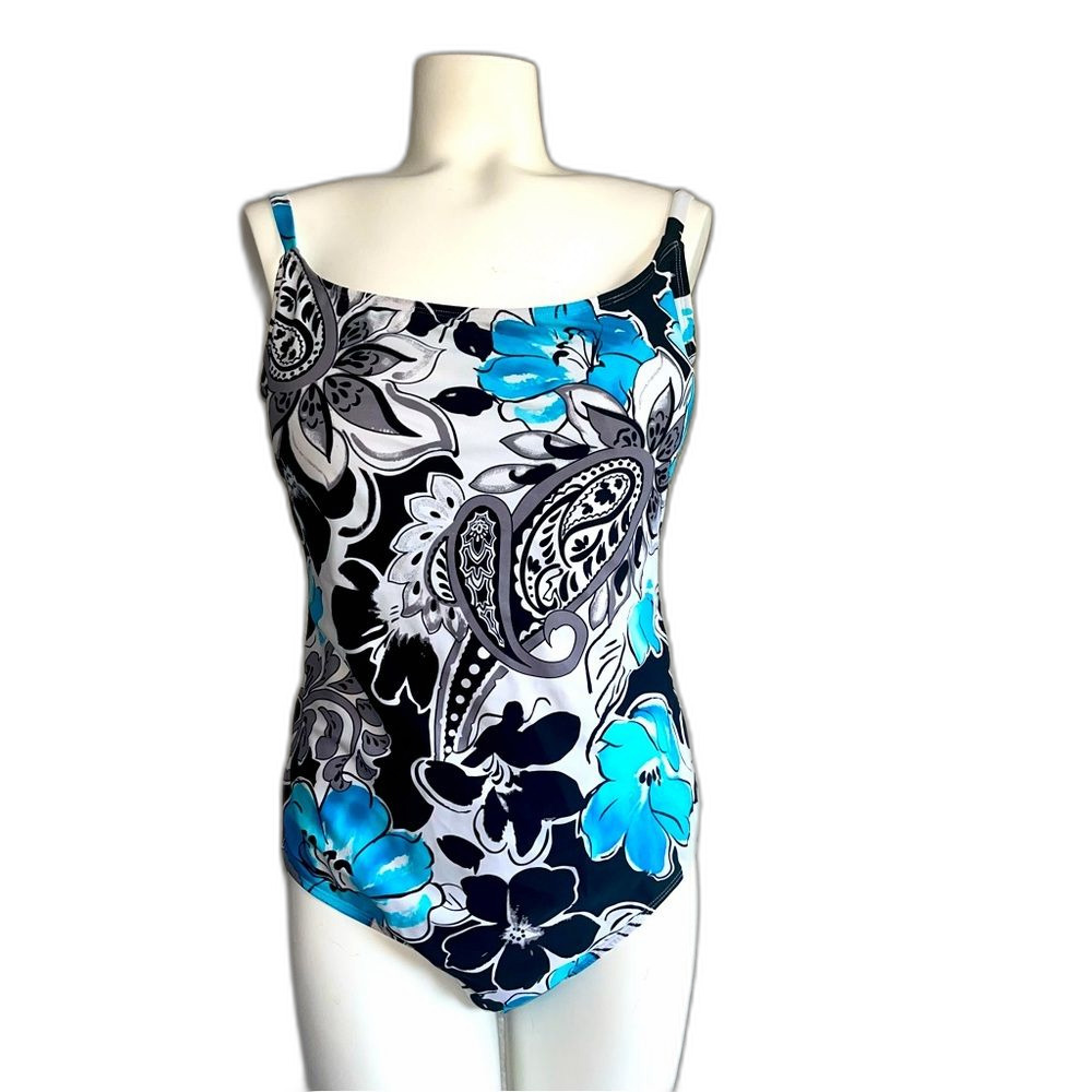 Leilani Floral Paisley Blue Black White One-piece Swimsuit 14